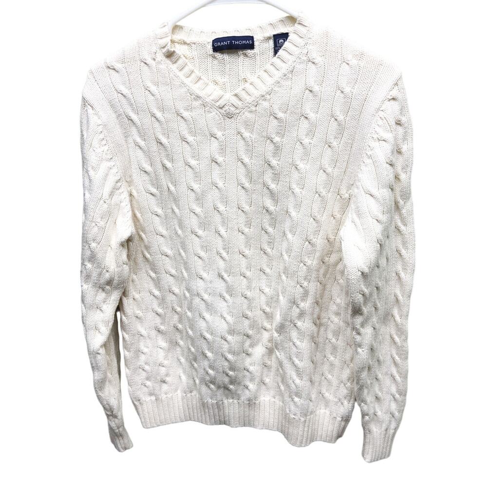 Grant Thomas Mens Cable Knit 100% Cotton V Neck Sweater Size S - Picture 3 of 7